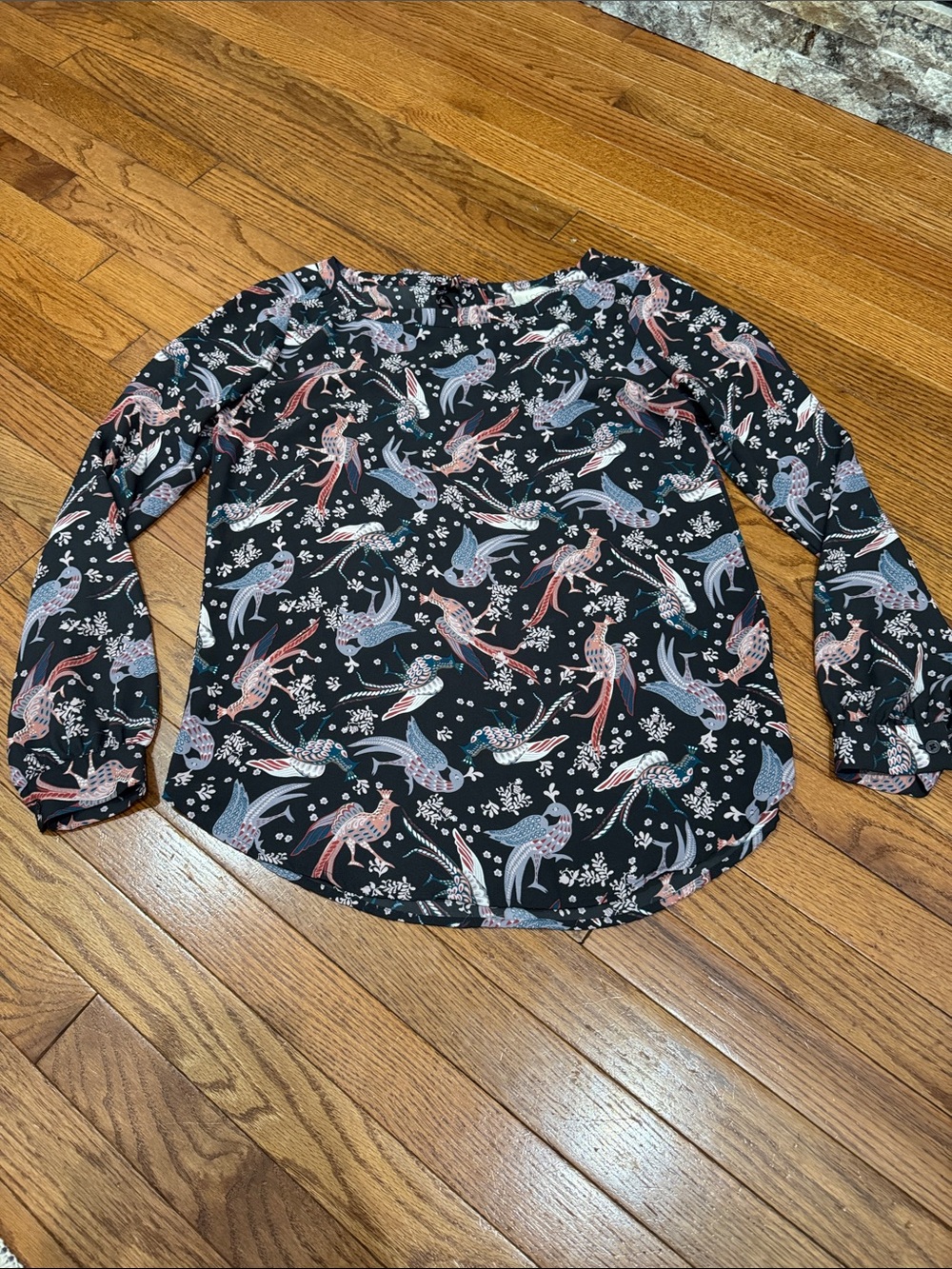 LOFT Black Bird & Floral Print Long Sleeve Blouse